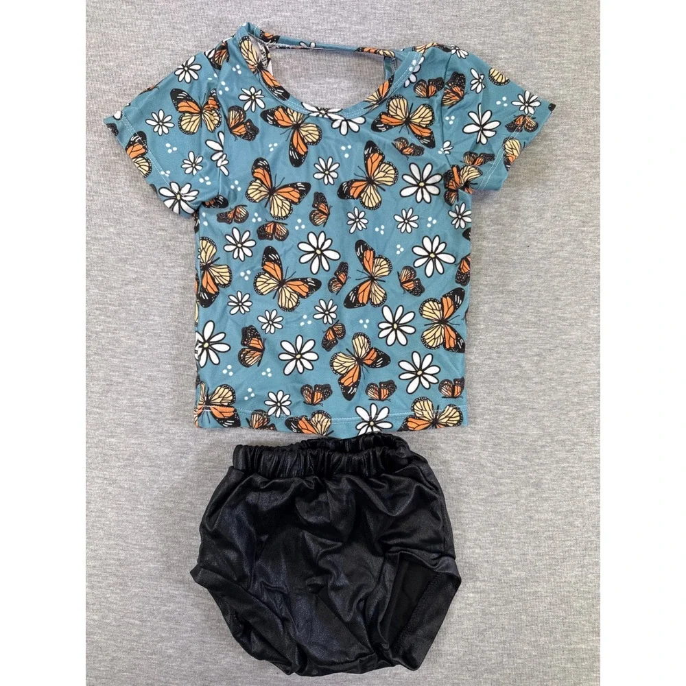 Infant Toddler Butterfly Floral‎ Top and Black Bummies 2 Piece Set Teal